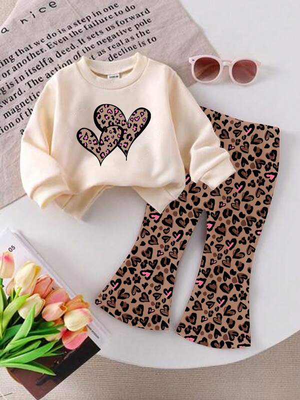 SHEIN Retro Streetwear Leopard Print Heart Pattern, Baby Girl Knit Soft Casual Crew Neck Thick Sweatshirt And Flare Pants Set