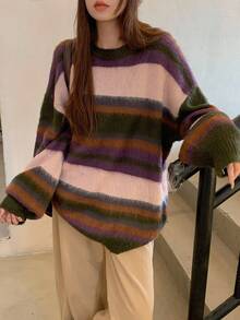 DAZY Women's Loose Casual Striped Basic Crew Neck Sweater, Autumn/Winter - Coffee Brown - View 4