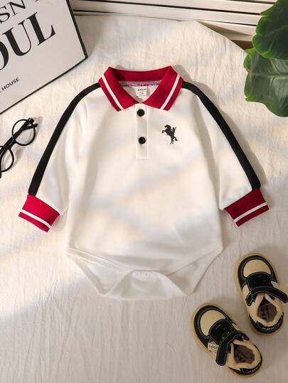 男婴撞色小马图案Polo领长袖连体衣，适合秋冬季穿着