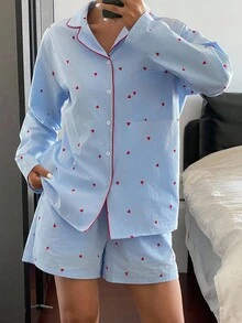 DAZY Damen Pyjama-Set mit durchgehendem Herz-Muster und Kontrastnaht, Herbst-Winter Kleidung