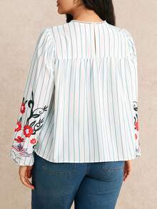 EMERY ROSE Plus Size Women Floral Patchwork Round Neck Striped Print Decor Casual Loose Long Sleeve Shirt, Autumn - Blue and White - View 2
