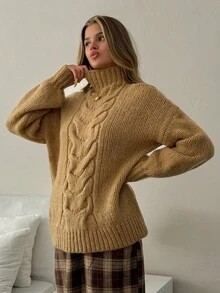 EURMUSE Women's Solid Color Minimalist Turtleneck Long Sleeve Cable Knit Sweater Brown Sweater Brown Knit Set Sweater Set,Jumper,Cream Jumper,Jumpers,Christmas Jumper,White Jumper,Black Jumper,Ladies Jumper,Women's Jumpers - Camel - View 8