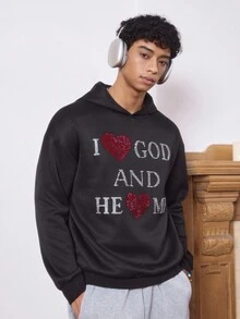 Manfinity VCAY Men's Rhinestone Sweatshirt I LOVE GOD Lettering Rhinestones Sparkle And Shine Hooded Casual Loose Sweatshirt, Fall, Winter - Black - View 1