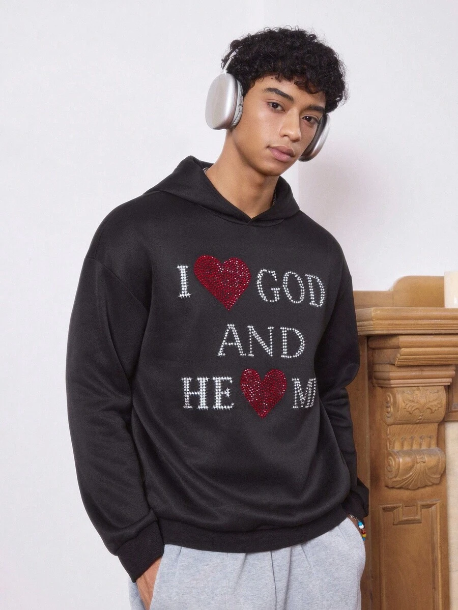 Manfinity VCAY Men's Rhinestone Sweatshirt I LOVE GOD Lettering Rhinestones Sparkle And Shine Hooded Casual Loose Sweatshirt, Fall, Winter - Black - View 1