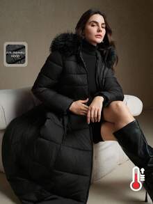 Anewsta 女士优雅简约长款冬季大衣，可拆卸毛领，收腰，A 字下摆，黑色夹棉大衣 - 黑色 - 查看 5