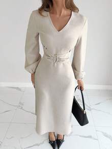 Siren Gaze Women's Light Beige Solid Color V-Neck Pleated Waist Metal Buckle Decor Mid-Length Dress,Elegant,Autumn,Office Wear,A-Line Silhouette Winter Party - Apricot - View 6