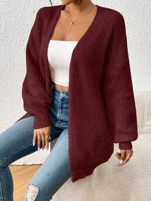 EMERY ROSE Áo khoác cardigan dệt kim hở gân màu trơn tối giản cho nữ, mùa thu/đông - Màu Đỏ Sâu - Xem 6