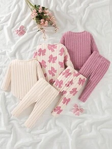 SHEIN Vintaside Kids 6件套可爱女婴春秋罗纹面料蝴蝶结印花/蝴蝶结印花/纯紫红色长袖弧形下摆T恤和修身裤休闲时尚装 - 粉色 - 查看 3