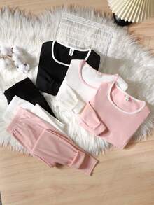 SHEIN 3-Pack Tween Girls Casual Thermal Underwear Set - Long Sleeve Mock Neck Fitted Thermal Lined Top And Leggings, Pink, White, Black Girls Activewear Sets Girls Yoga Set Girls Leggings Set Girls Plain Tank Set Cute Workout Set - Multicolor - View 3