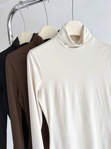 SHEIN BASICS 3pcs/Set Solid Color Knit Mock Neck Straight Shoulder Long Sleeve Fitted Women Undershirt Tops For W - Brown - View 6