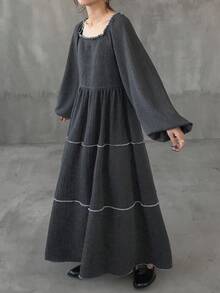 FRIFUL Damen Loose Fit einfarbiges Kleid mit quadratischem Ausschnitt und Langarm, Kontrastbesatz, ausgestellter Rock, lässig & vielseitig, Herbst