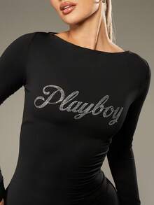 Missguided x Playboy فستان ماكسي طويل الأكمام مناسب للشكل مع نص مرصع بالراين وظهر مشدود للحفلات المسائية وحفلات النوادي والمناسبات الرسمية - الأسود - مشاهدة 6