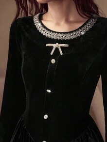 MOTF PREMIUM VELVET BLACK RHINESTONE DECOR WAIST CINCHED SHORT DRESS