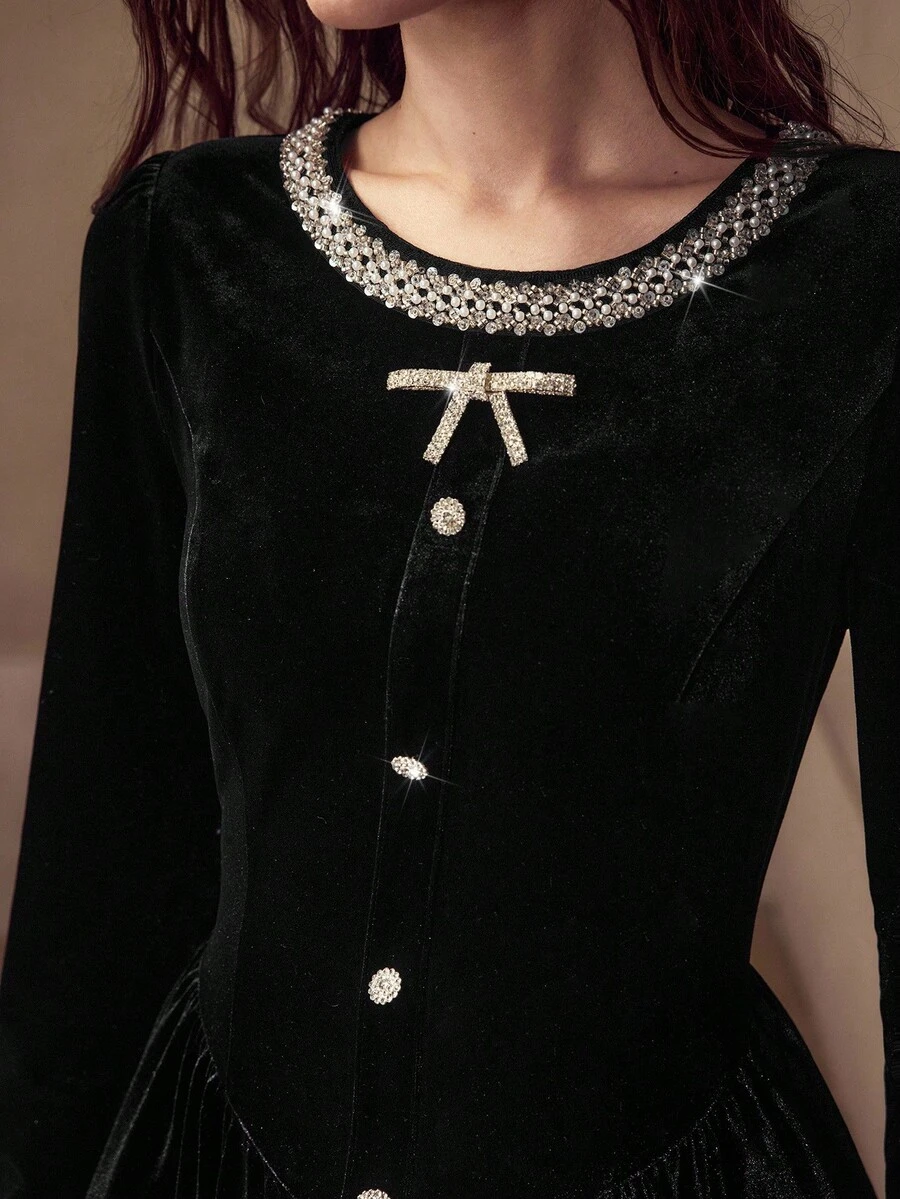 MOTF PREMIUM VELVET BLACK RHINESTONE DECOR WAIST CINCHED SHORT DRESS