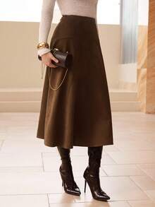 Modelyn Fall Solid Color Faux Suede Flared Elegant Long Skirt For Women, Western Elegant Long Brown Skirt