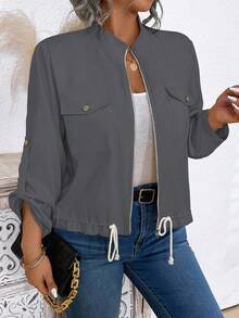 Plus Size Women Solid Color Casual Fashion Short Drawstring Hem Jacket - Grey - View 5