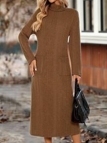 EMERY ROSE Women's Casual Solid Color Turtleneck Double Pocket Mid-Length Dress, Autumn/Winter  Autumn Outfits For Women  Winter Dress Women  Going Out Dress