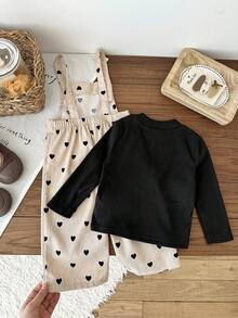 Set 2 buc. pantaloni sport pentru bebeluși, casual, confortabili, versatili, drăguți, cu buline, cu bretele, reglabili, + top cu mânecă lungă, lejer, cu guler înalt, căptușit termic, gros și călduros, pentru iarnă și toamnă - Multicolor - Vizualizare 3