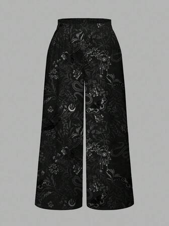 Goth Pantalones holgados acampanados de talla grande con estampado de ojos blancos de serpiente y planta espeluznante, estética de bosque oscuro