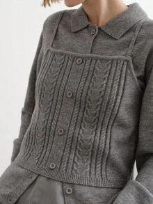 FRIFUL Women's Solid Dark Grey Turtleneck Long Sleeve Knit Cardigan With Loose Fit Camisole, Casual Versatile Sweater Set, Autumn