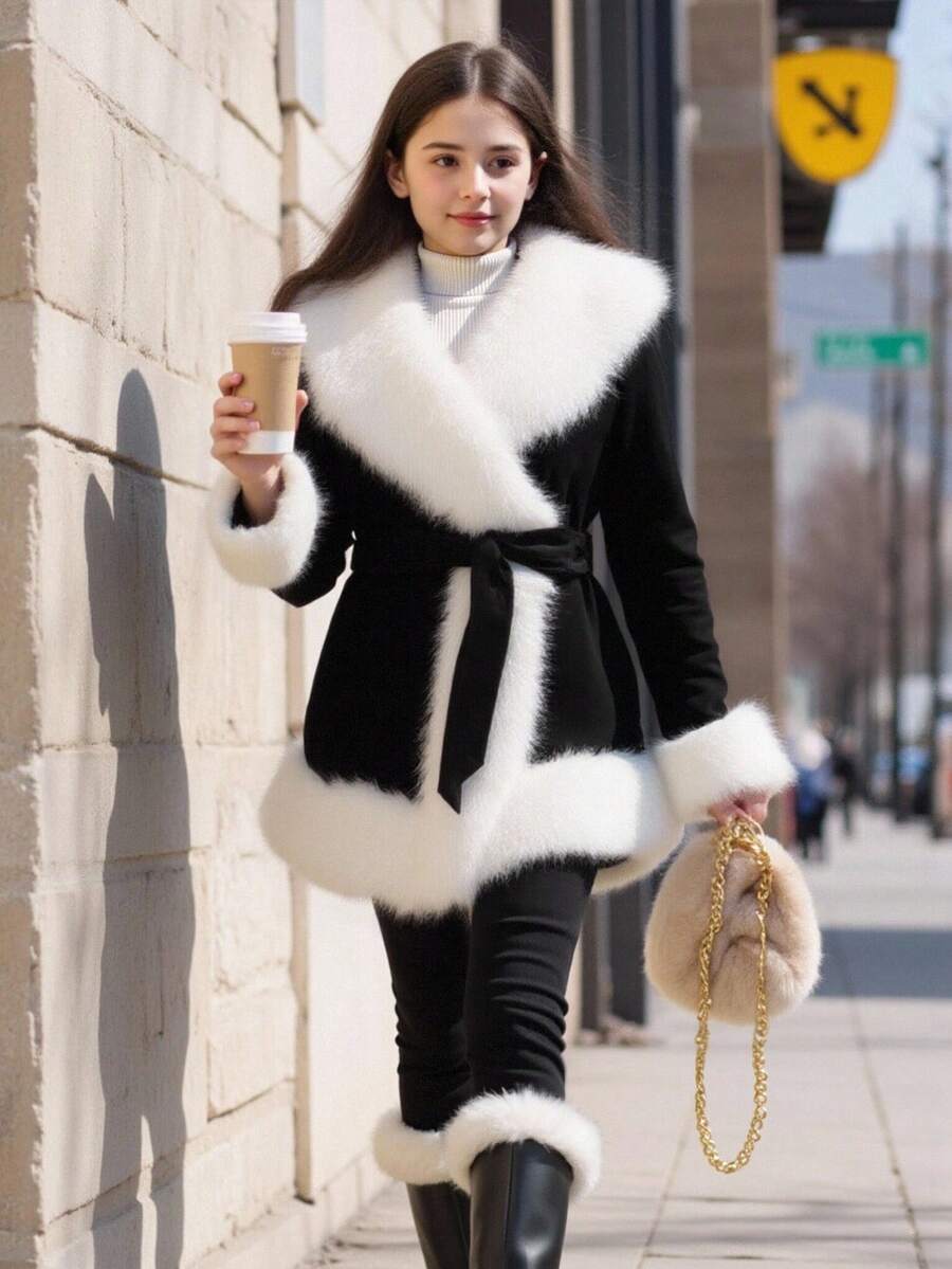 SHEIN 1pc Girls Soft Fur Collar Belted Elegant Jacket, Suitable For Autumn Fall Winter - Black - View 1