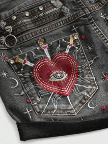 ROMWE Fairycore Shorts vaqueros de talle bajo con estilo gótico lolita de talla grande, con bordado de corazón, decoración de cristal de lágrima y estrella - Negro - Ver 2