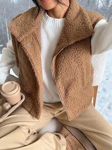 SHEIN EZwear 女式纯色无袖夹棉背心夹克，学院风，冬季 - 咖啡棕 - 查看 1