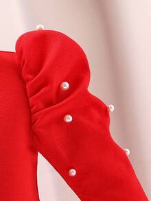 Glamorique Kids 女童优雅高端长袖连衣裙，羊腿袖设计搭配珍珠装饰，适合日常穿着、派对、圣诞节，展现优雅高贵的气质 - 紅色 - 查看 8