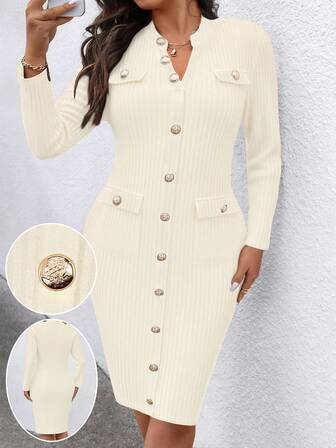 SHEIN LUNE Plus Size Elegant Fitted Mid-Length V-Neck Single-Breasted Dress