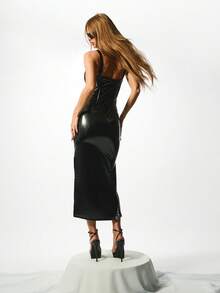 KIZN 乙烯基中长连衣裙，深V领，束身胸衣款式，派对俱乐部穿着，无袖修身晚礼服，特殊场合紧身吸睛连衣裙 - 黑色 - 查看 2