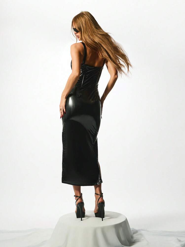 KIZN Deep V-Neck Vinyl Midaxi Dress With Corset Details