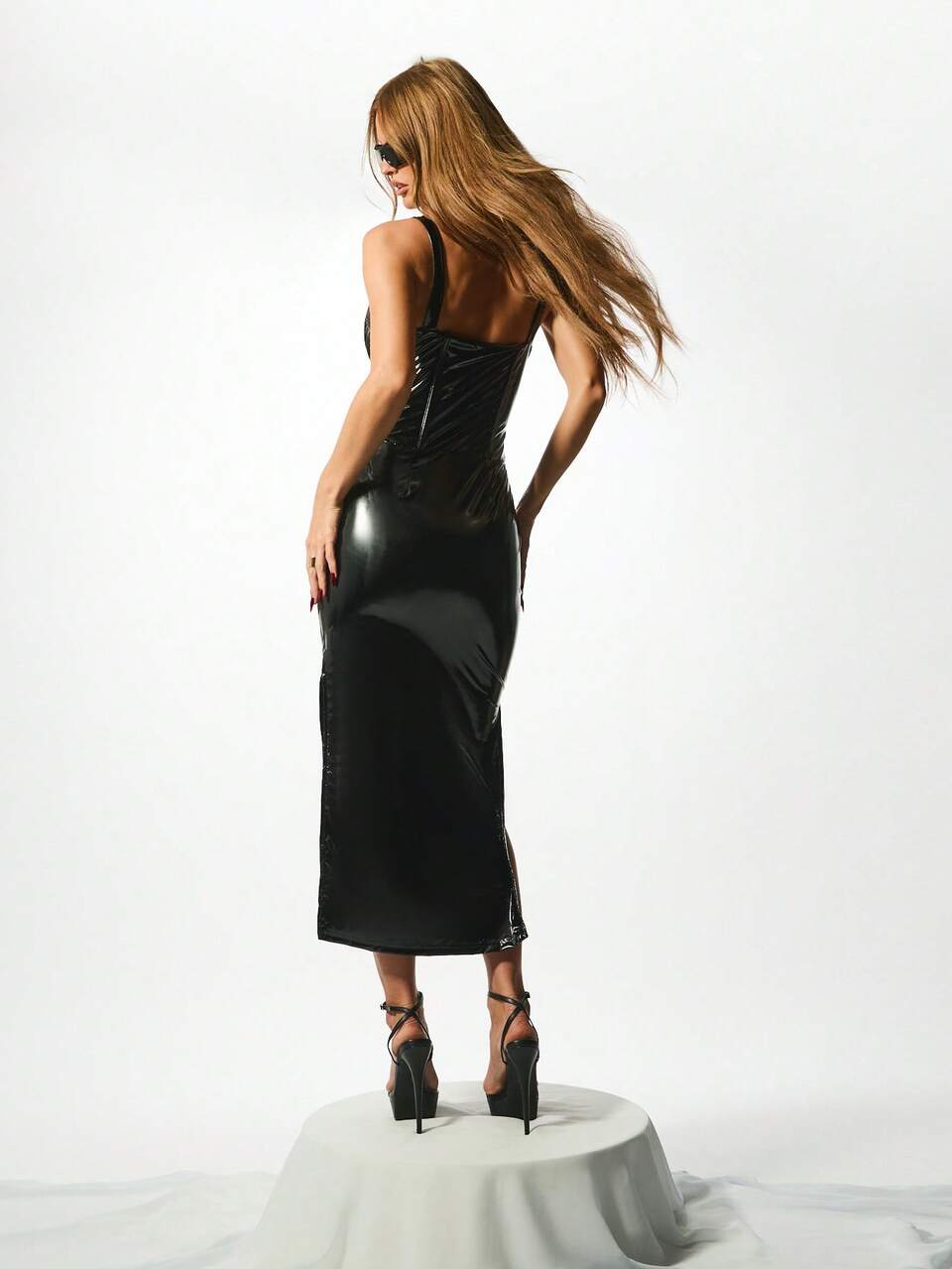 Vinyl Midaxi Kleid mit tiefem V-Ausschnitt, Korsett-Stil, Partykleidung, ärmelloses, figurbetontes Abendkleid für besondere Anlässe, Bodycon Statement Kleid
