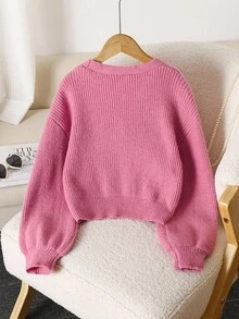 SHEIN Vintaside Kids 女孩手工花卉针织开衫，女童V领长袖可爱优雅粉色开襟毛衣 - 粉色 - 查看 2