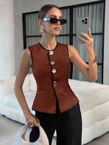 Lavishia Women's Sleeveless Vest With Metal Button Closure, Suitable For Commuting - Coffee Brown - View 3