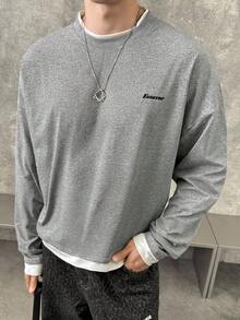 Manfinity VCAY 男士字母刺绣休闲宽松长袖T恤，秋季 - 灰色 - 查看 2