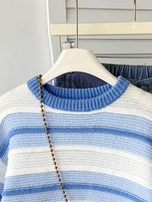 1 Peça Suéter Casual e Elegante Colorblock com Textura Ondulada para Meninas, Adequado para Férias, Viagens, Escola, Festa de Natal, Outono/Inverno - Azul e Branco - Visão 5
