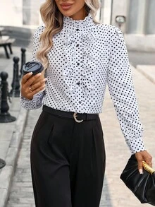 Pariaura 女士波点印花荷叶边立领长袖优雅衬衫 - 白色 - 查看 3