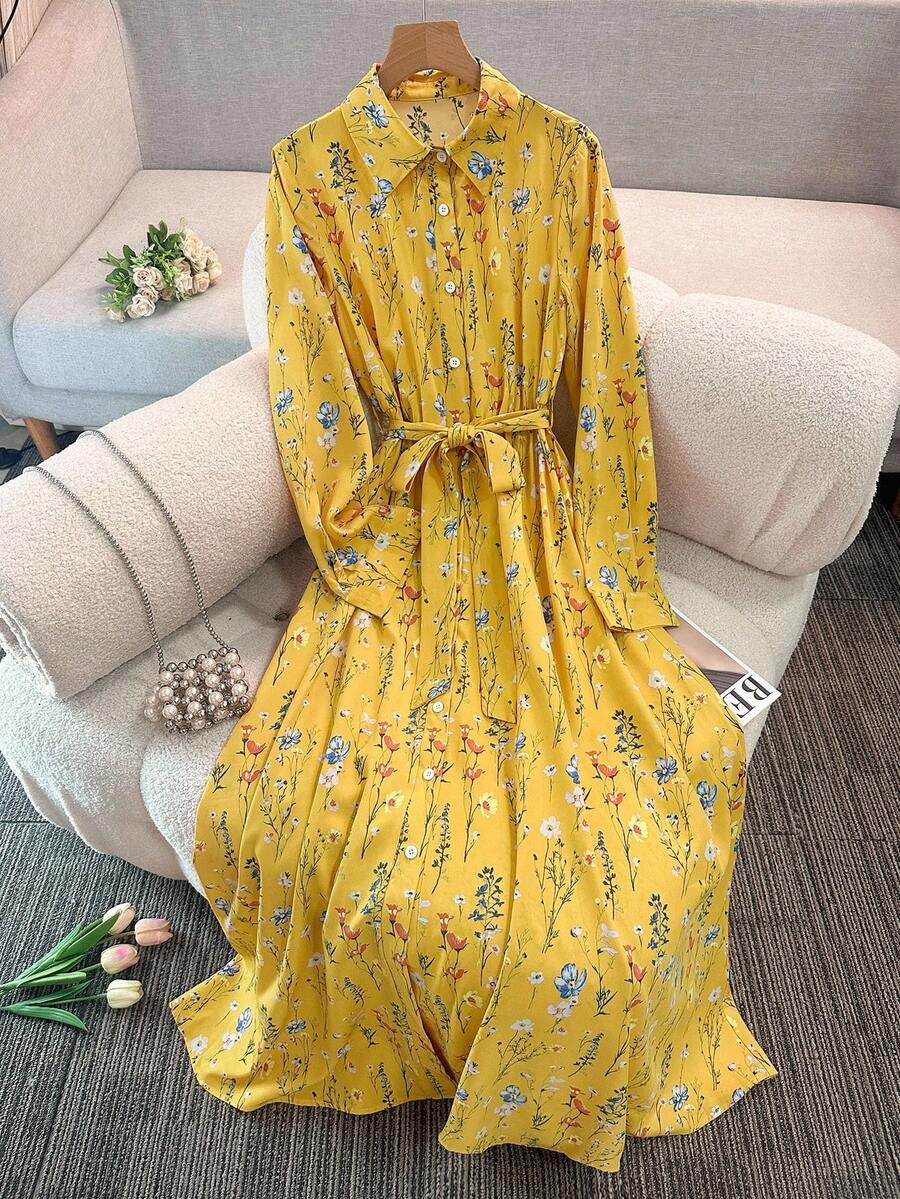 Franclia 女式休闲立领简约蓝色花卉印花长款连衣裙女装 - 黃色 - 查看 1