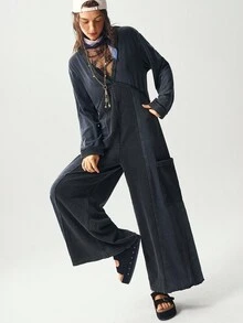 Bohemela 女士休闲纯色针织宽松长袖连体裤 - 黑色 - 查看 3