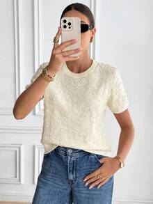 Serisse Women's Floral 3D Embellished Round Neck Short Sleeve Knit Top, Fashionable For Autumn,Mesh Floral Three-Dimensional Embroidery Spliced Sweater Top,Mesh Floral Three-Dimensional Embroidery Spliced Sweater Top,Lace Embroidered Patchwork Sweater Top,Sequin Floral Embroidered Short-Sleeve Sweater,Shiny Short-Sleeve Sweater Top,Cream Yellow Sweater Top, Chic Top,Autumn Clothes For Women,Women's Winter Sweater Vest,Warm Sweater Vest,French Style Clothes, Christmas Sweater Vest,New Year Outfit,Casual Outfit For Women,Vintage, Minimalist, Commuter, Office, Perfect For Everyday Wear Summer