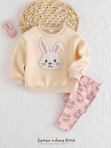 Cozy Pixies 2 pezzi Set di felpa con collo rotondo e maniche raglan a motivo coniglietto cartoonesco e pantaloni imbottiti in pile spesso, adatto per bambine, per autunno/inverno, per uso interno ed esterno