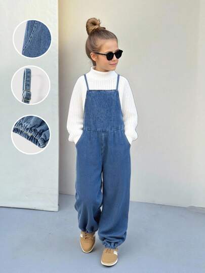 SHEIN Tween 女童休闲纯色宽松牛仔背带裤连体裤慢跑裤（不含 T 恤）、返校服、教师服装、教堂服装、女童连衣裙、商务休闲女装、基本款连衣裙、韩版风格