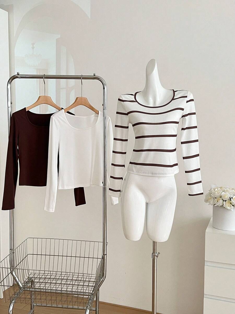 3pcs/Set Square Neck Casual Versatile Long Sleeve Teen Girls T-Shirts Fall Winter - Multicolor - View 1