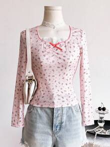 Tween Girls Casual Cute Versatile 2 In 1 Ditsy Floral Lace Trim Bow T-Shirt, Suitable For Daily Wear And Outings Fall Winter