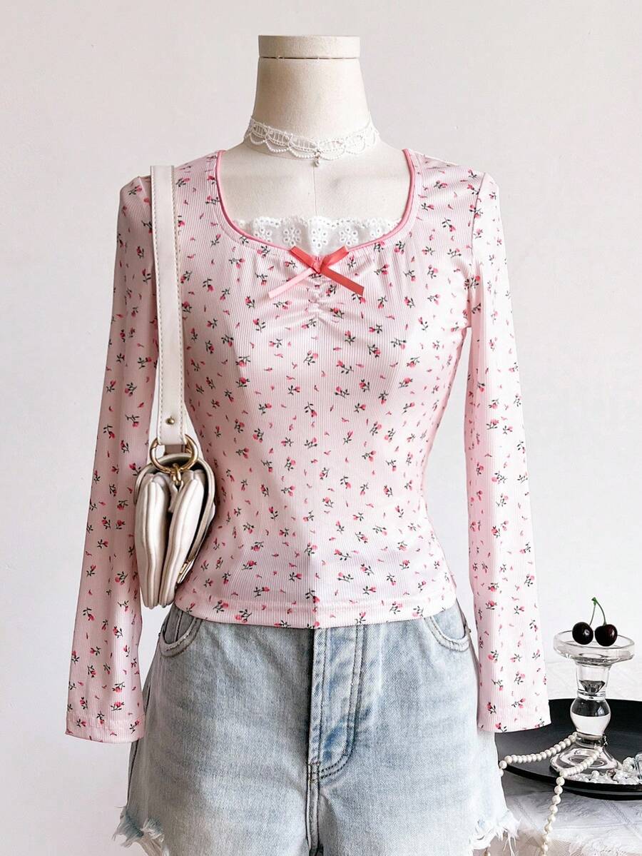 Tween Girls Casual Cute Versatile 2 In 1 Ditsy Floral Lace Trim Bow T-Shirt, Suitable For Daily Wear And Outings Fall Winter