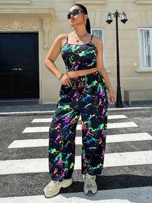 Muchica Women's Plus Size Ink Splatter Print Cami Top And Jogger Pants Set - Multicolor - View 4