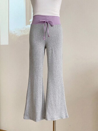 Sweetra Young Tween Girls Basic Casual Versatile Commuting Colorblock Waist Drawstring Flare Pants, Suitable For Spring, Summer, Autumn Wear, Suitable For Outdoor Exercise And School Wear, Girls' Elaborate Clothing, Girls' Princess Style Apparel, Suitable For Wedding Season, And Cute Style, No Traditional Patterns, Mainly Floral/Partial Decorations Fall Winter