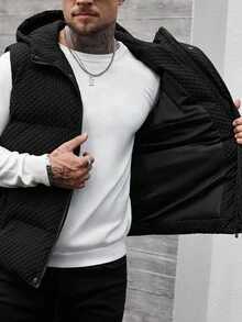 Manfinity CasualCool Men's Black Hooded Sleeveless Padded Coat, Designer Fashion Bubble Textured Padded Vest, Streetwear Casual Sleeveless Outerwear,Boyfriend/Husband Gift, Anniversary Gift, Outerwear Winter Gilet, Fall - Black - View 7