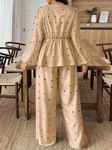 EMERY ROSE 大码女式心形印花前系带灯笼袖衬衫和阔腿裤休闲两件套 - 彩色 - 查看 2