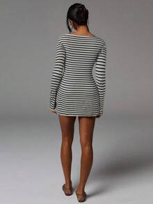 Athîral Women's Striped Boat Neck Long Sleeve Fitted Mini Dress
